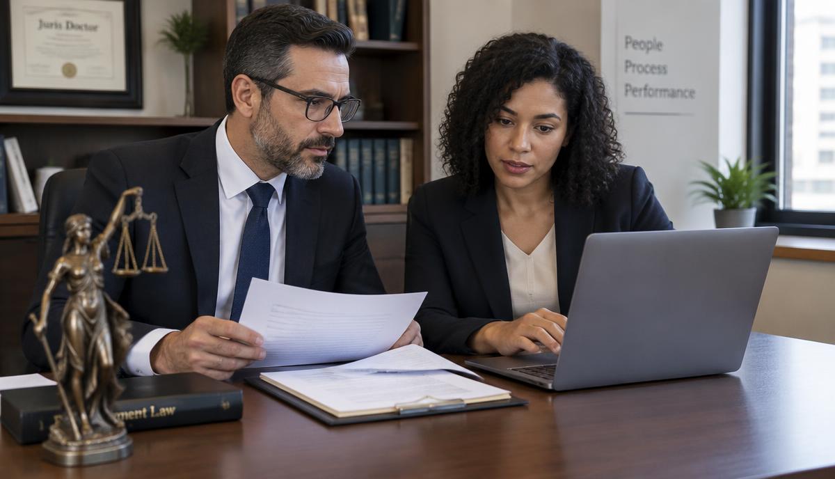 Advogado e analista de RH revisam documentos e um notebook juntos, com estátua da justiça sobre a mesa
