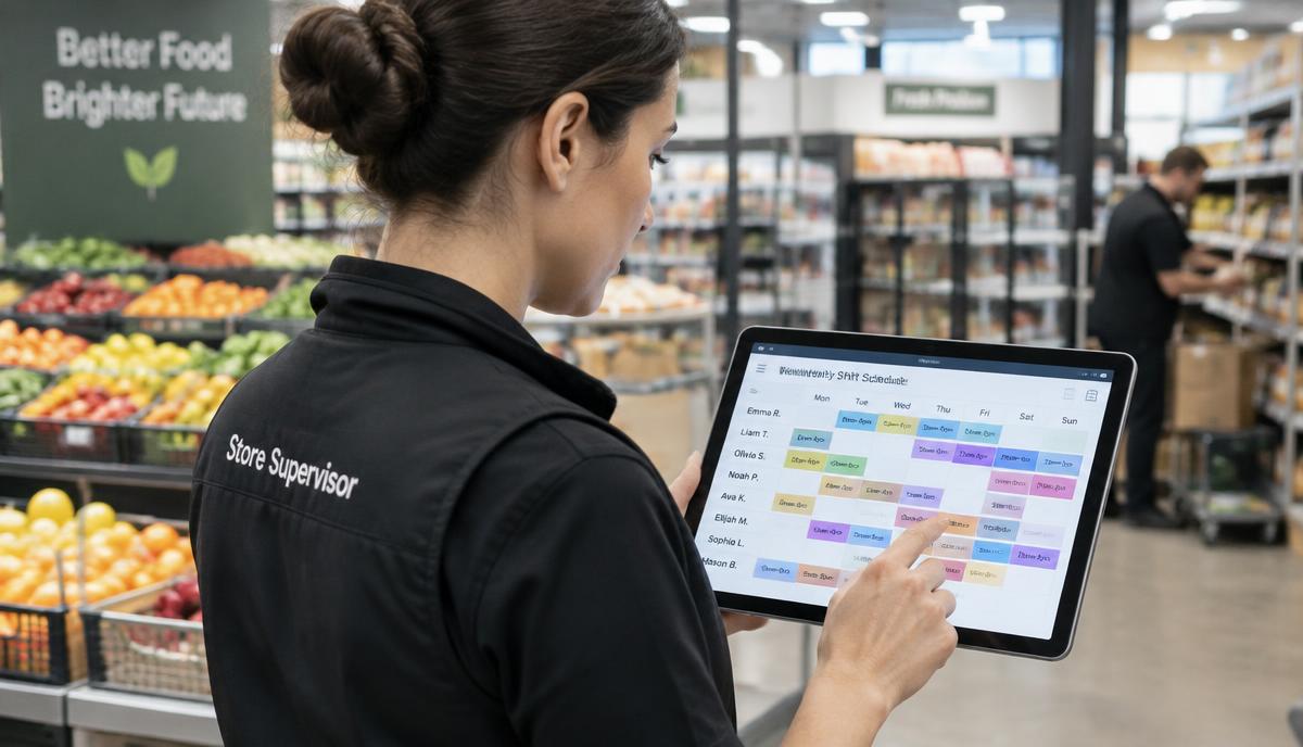 Supervisora de supermercado monta a escala semanal da equipe em um tablet com blocos coloridos por turno