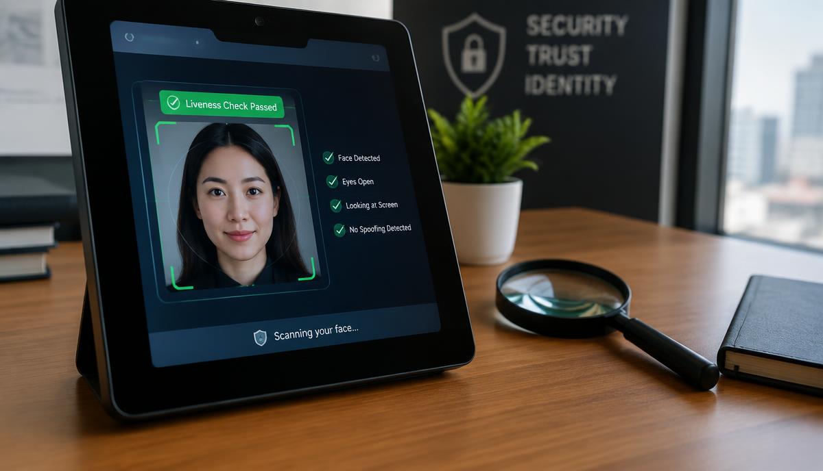 Tablet de ponto exibe verificação facial com prova de vida aprovada, ao lado de uma lupa sobre a mesa
