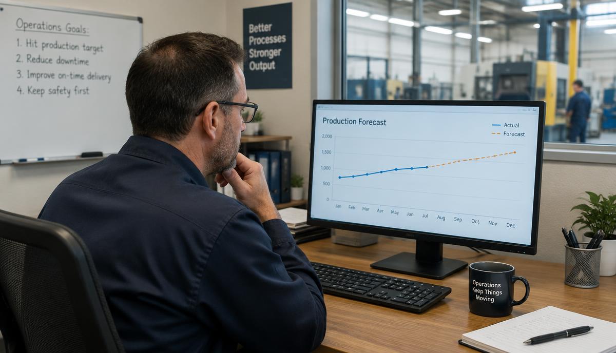 Gestor de operações acompanha no monitor um gráfico com previsão de produção em escritório de fábrica