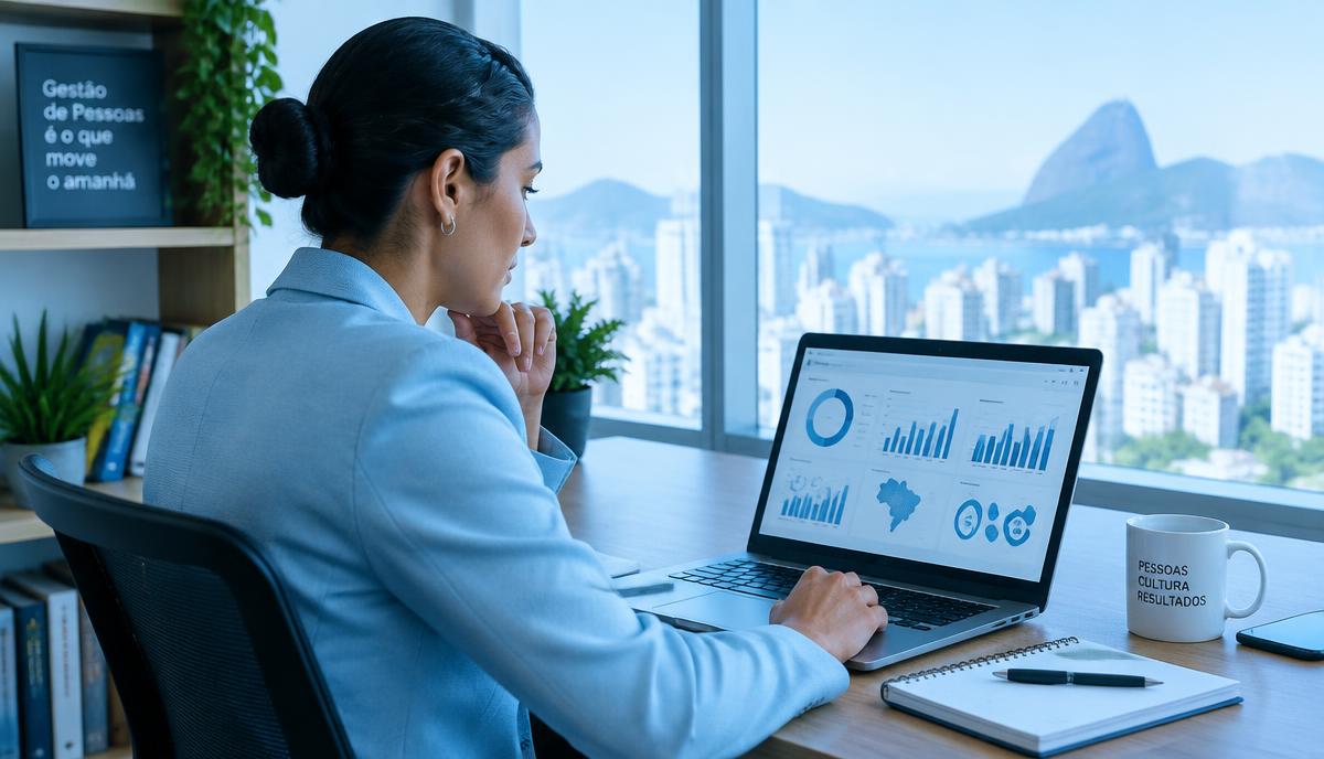 Gestora de RH analisa gráficos de indicadores de pessoas em um notebook, em escritório com vista para a cidade