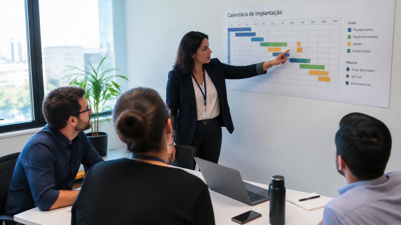 Equipe reunida em sala de reunião acompanhando a apresentação do novo sistema de ponto