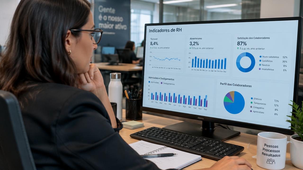 Gestora de recursos humanos analisando gráficos de indicadores de pessoas na tela de um monitor