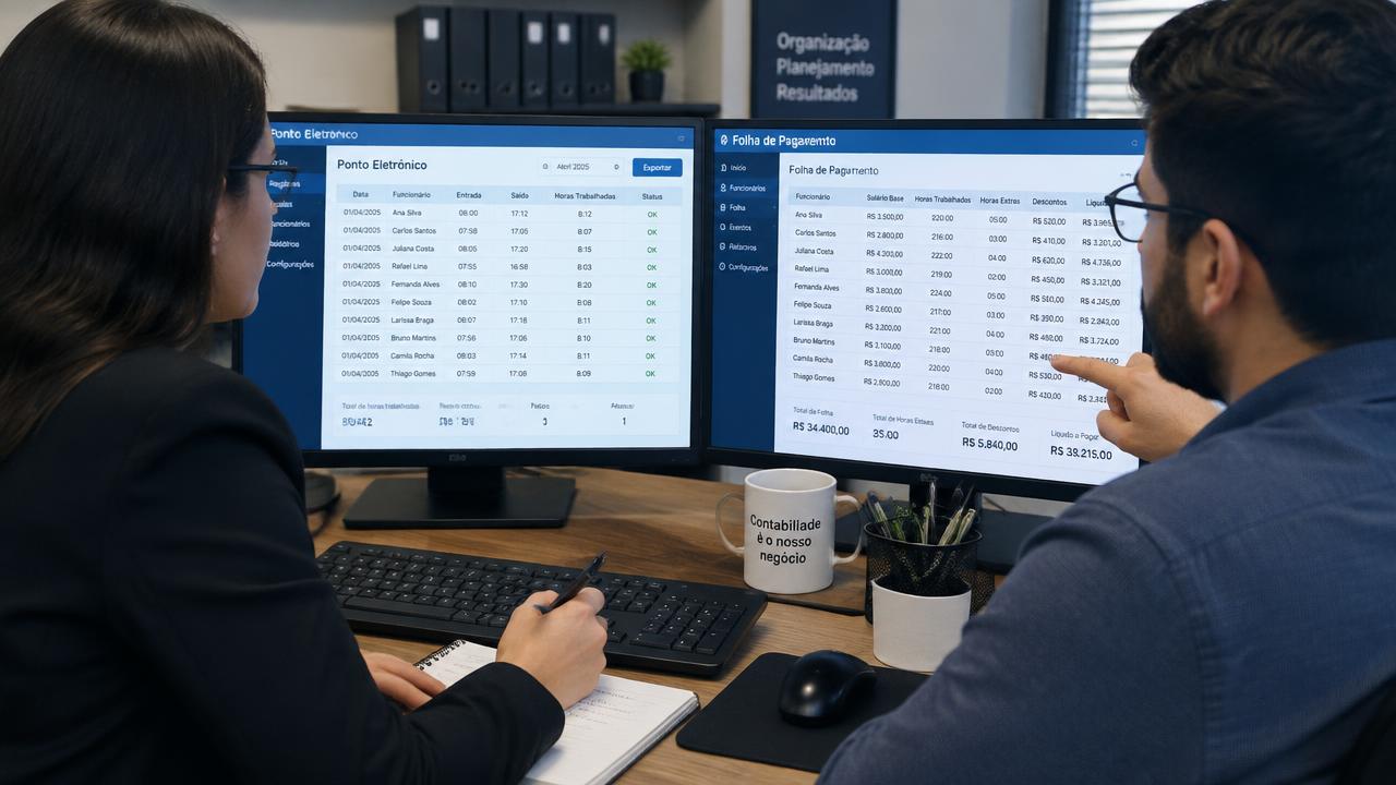 Dois profissionais comparando telas de sistema de ponto e de folha de pagamento lado a lado em um escritório