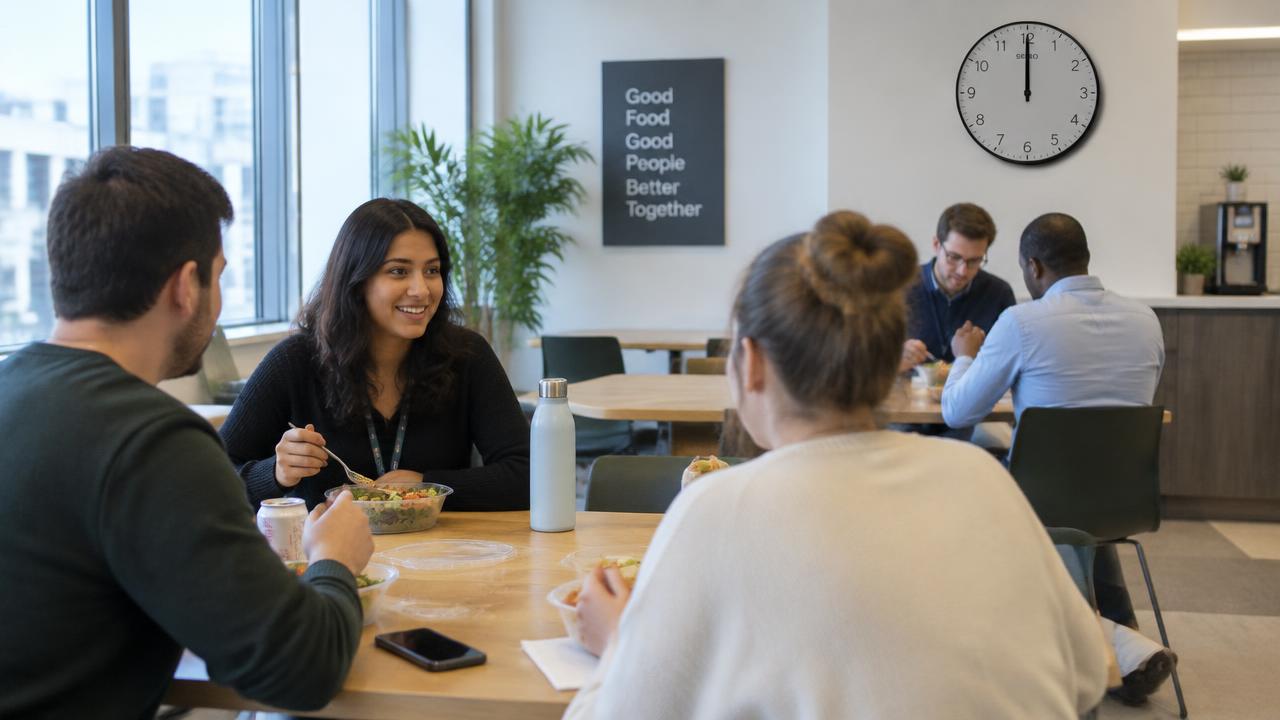 Colaboradores almoçando no refeitório da empresa com relógio de parede marcando meio-dia ao fundo