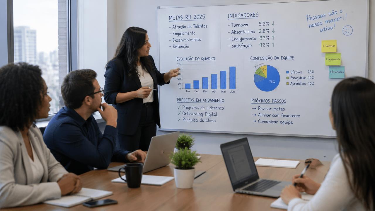 Equipe de recursos humanos discutindo metas e indicadores escritos em um quadro branco