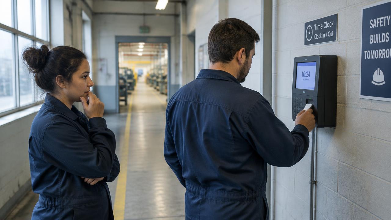 Dois colaboradores de uniforme próximos a um relógio de ponto de parede no corredor de uma fábrica
