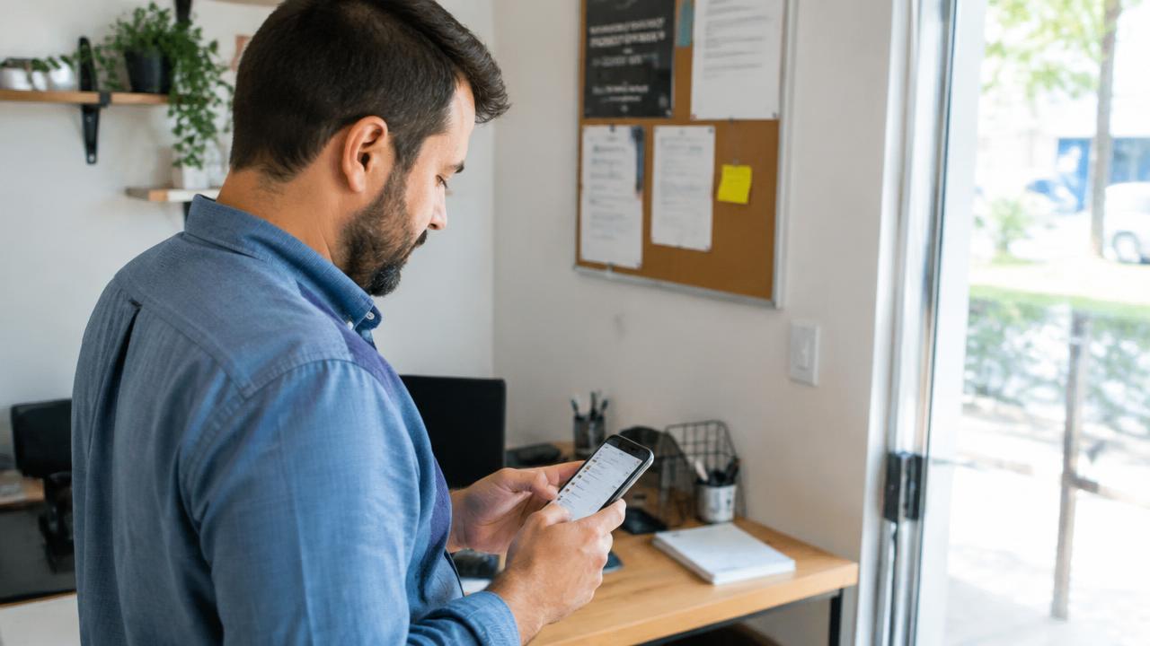Dono de pequena empresa em pé no escritório conferindo o ponto da equipe pelo celular