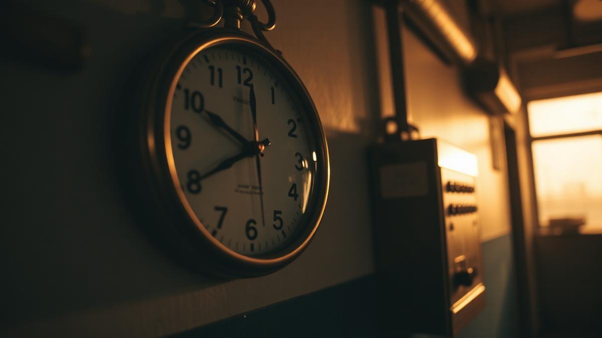 Relógio de parede antigo ao lado de um relógio de ponto em corredor de empresa sob luz quente — imagem de capa do artigo sobre minutos de tolerância e horas extras.
