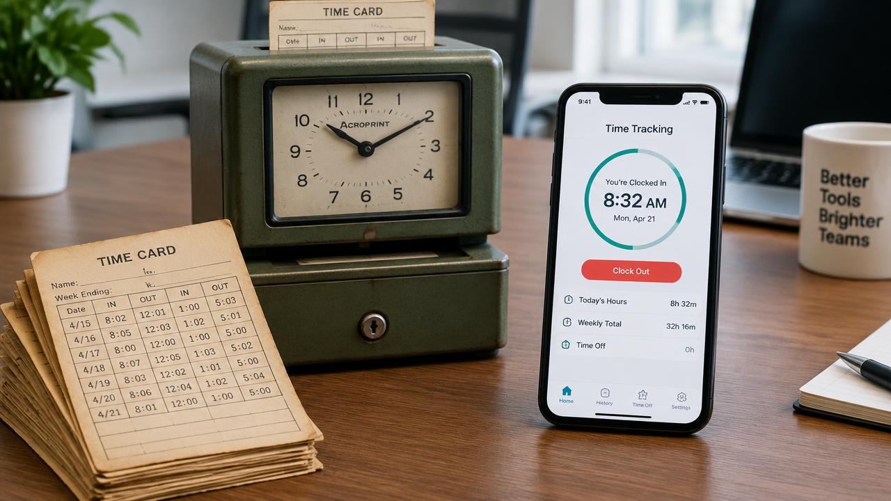 Cartões de ponto de papel e relógio antigo ao lado de um celular com aplicativo moderno de registro de jornada