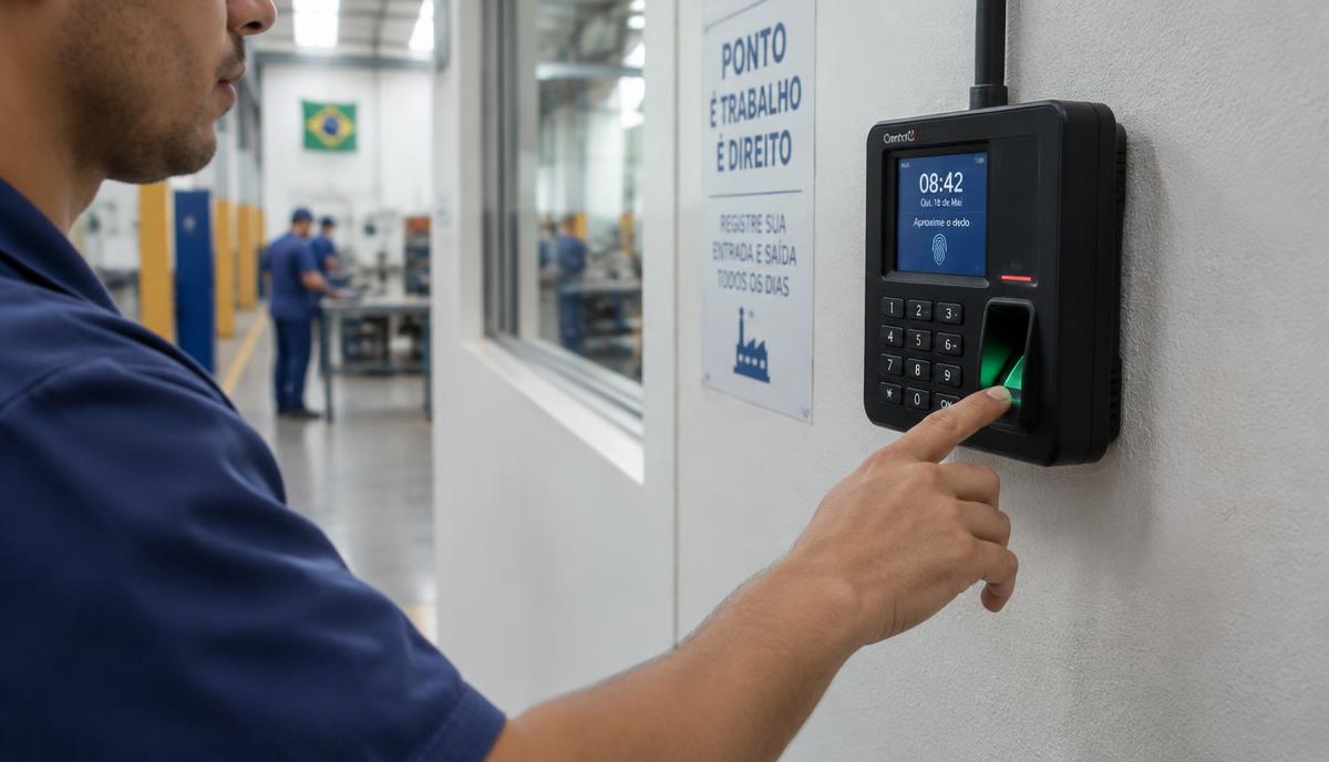 Colaborador de uniforme azul encostando o dedo no leitor biométrico de um terminal de ponto fixado na parede de uma fábrica