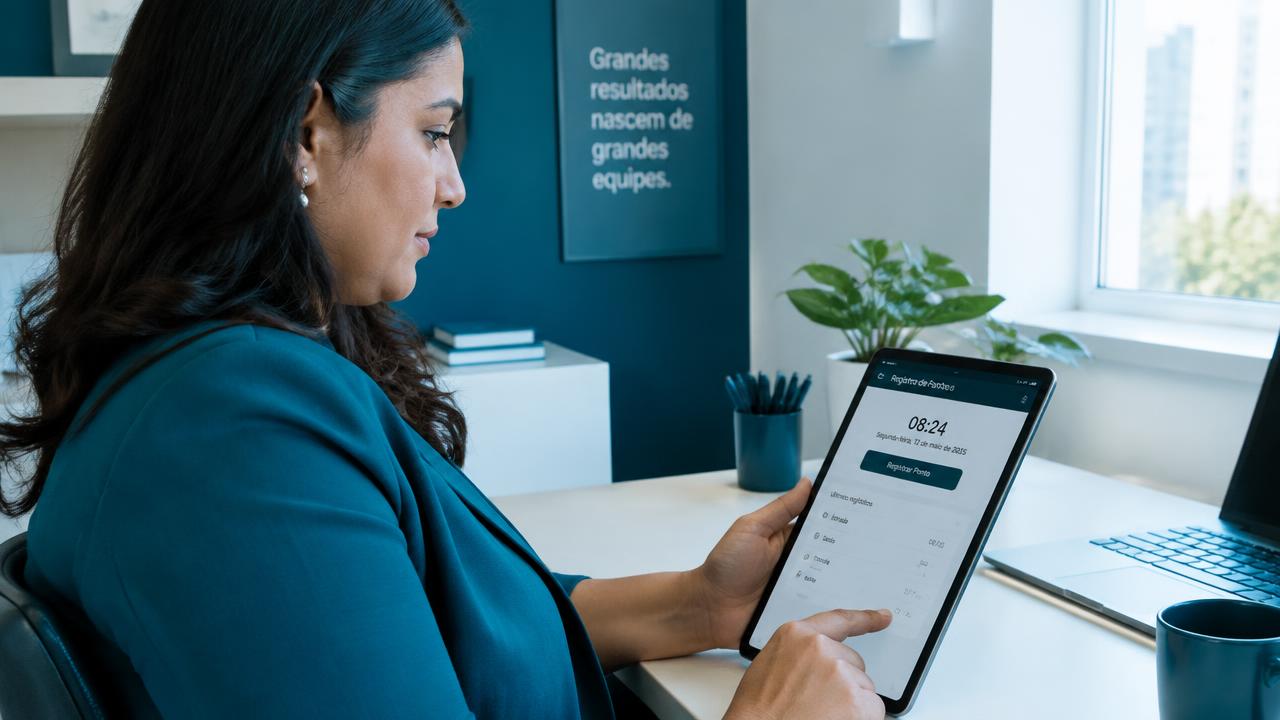 Empresária sentada em escritório claro conferindo a tela de registro de ponto em um tablet