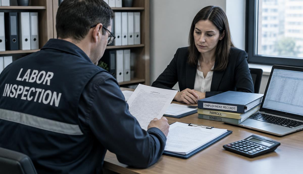 Auditor-fiscal do trabalho conferindo documentos de registro de jornada e folha de pagamento em reunião com gestora de empresa