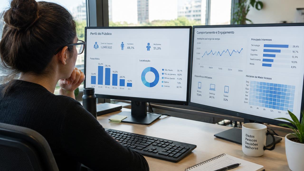 Analista estudando gráficos de dados de pessoas em duas telas em um escritório com luz natural
