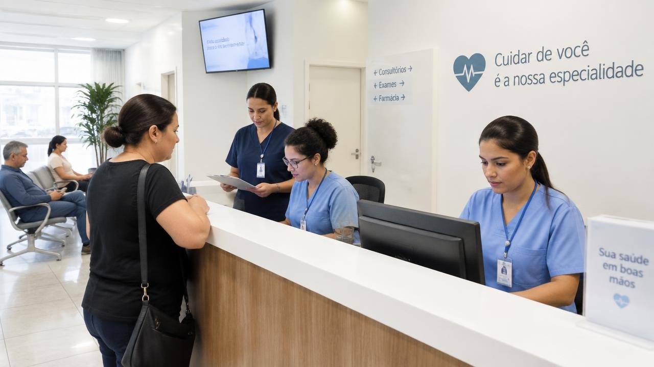 Equipe de recepção e enfermagem atendendo no balcão de uma clínica médica