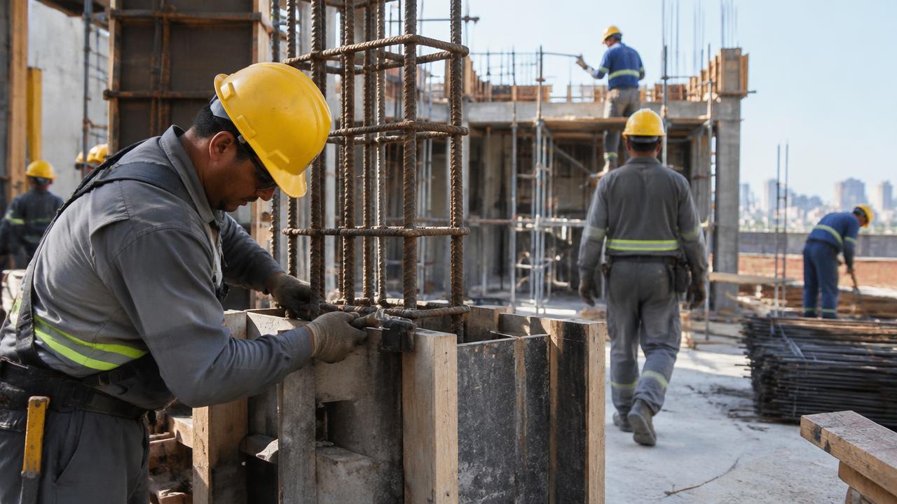 Trabalhadores com capacete de segurança atuando em um canteiro de obras