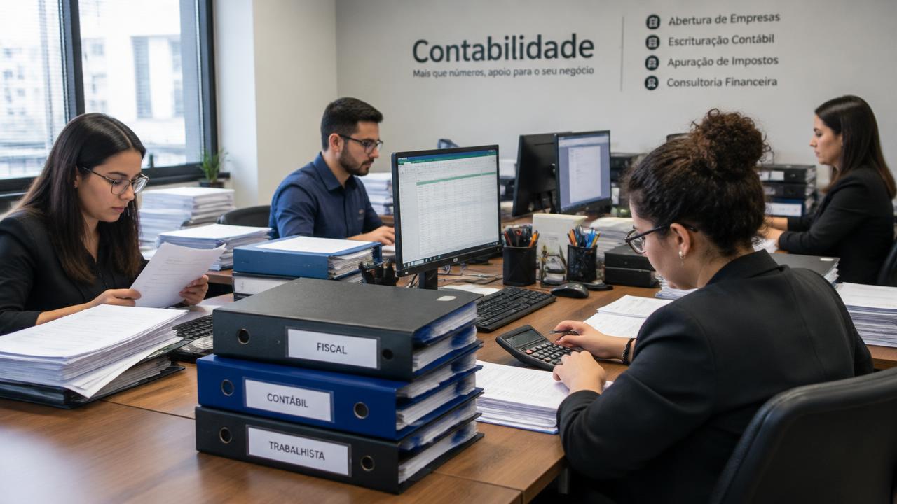 Equipe de escritório de contabilidade trabalhando entre pastas de documentos e computadores