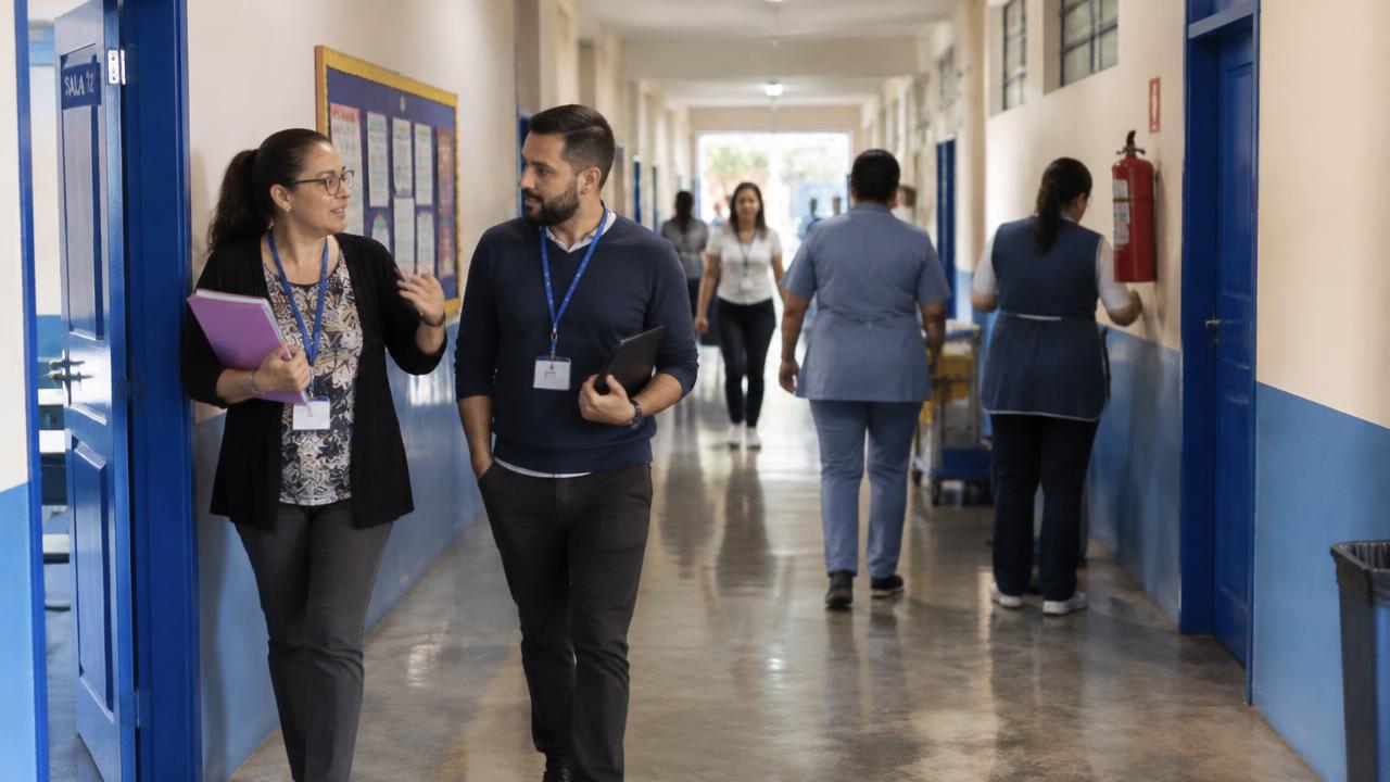Professores e funcionários circulando pelo corredor de uma escola entre salas de aula