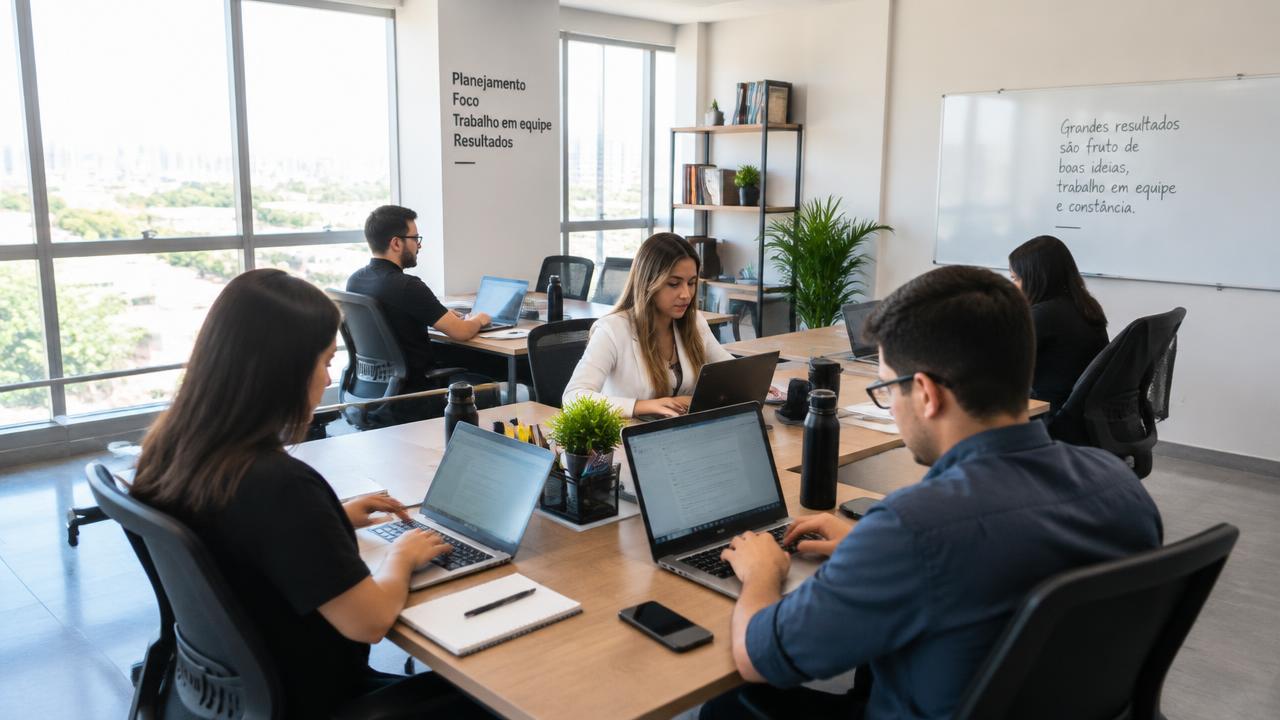 Equipe de escritório trabalhando em notebooks em mesas compartilhadas com luz natural