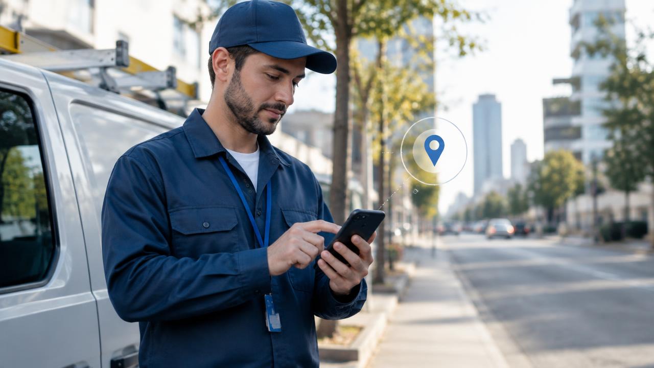 Técnico de campo uniformizado registrando o ponto pelo celular ao lado da van de serviço, em rua da cidade