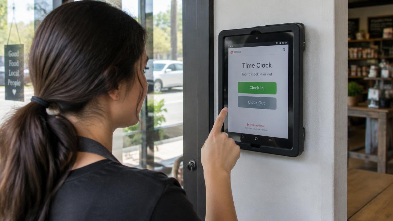 Colaboradora registrando o ponto em um tablet fixado na parede de uma loja, operando em modo offline