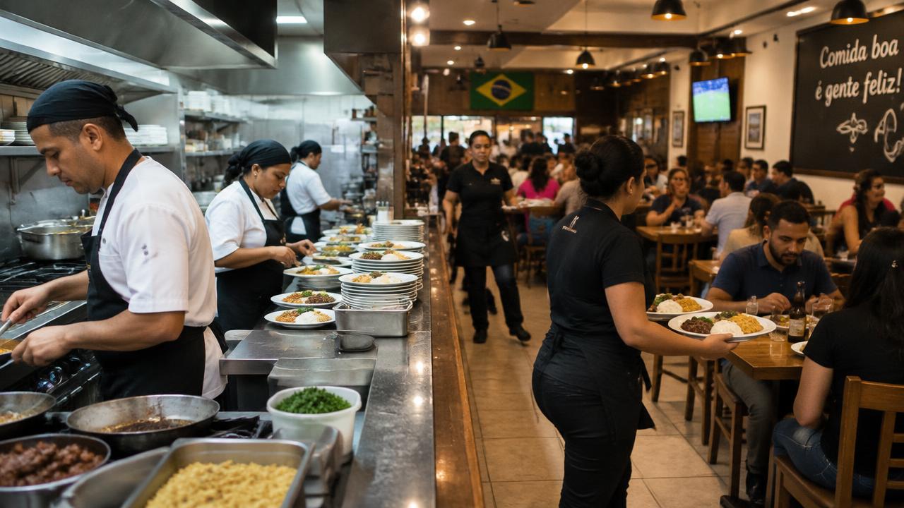 Equipe de cozinha e salão de um restaurante brasileiro trabalhando em horário de movimento