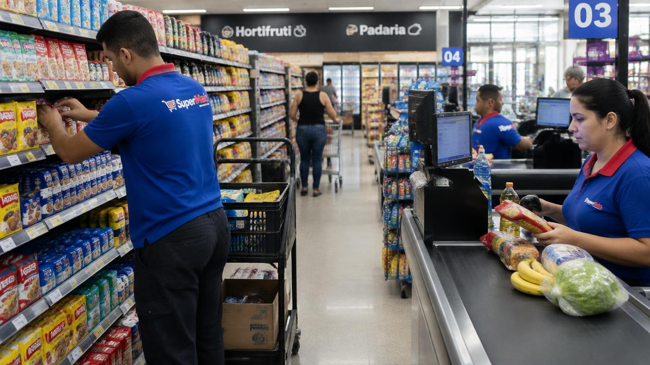 Funcionários de supermercado repondo prateleiras e atendendo no caixa