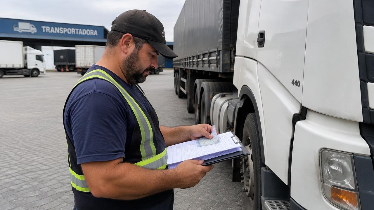 Motorista conferindo documentos ao lado de um caminhão no pátio de uma transportadora