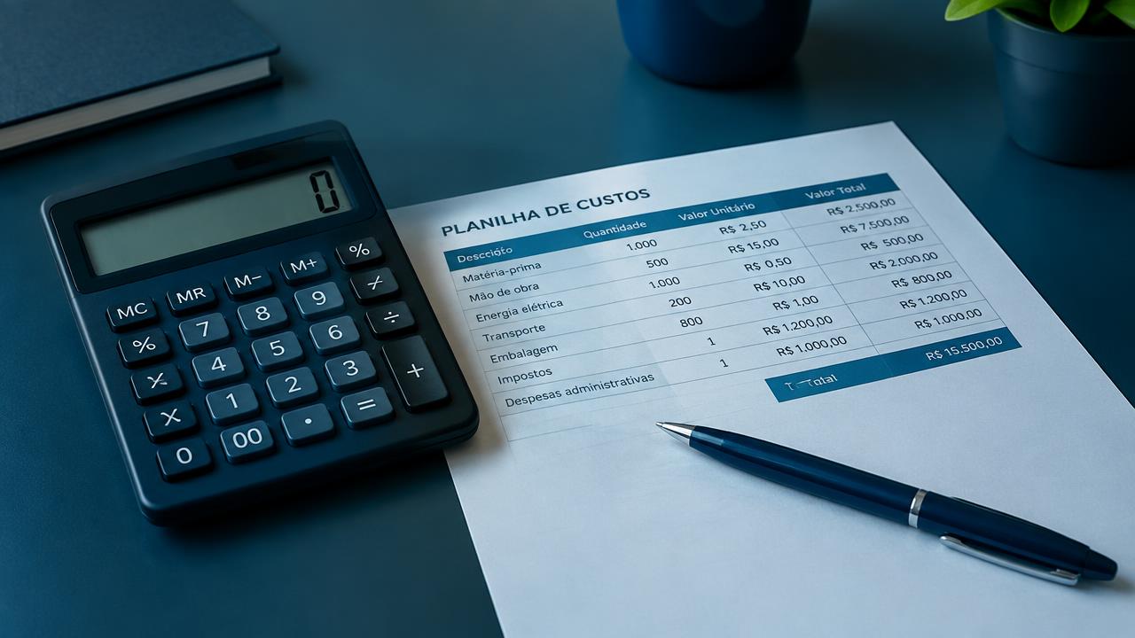 Empresário com calculadora e planilha na mesa avaliando o custo mensal de um sistema de ponto