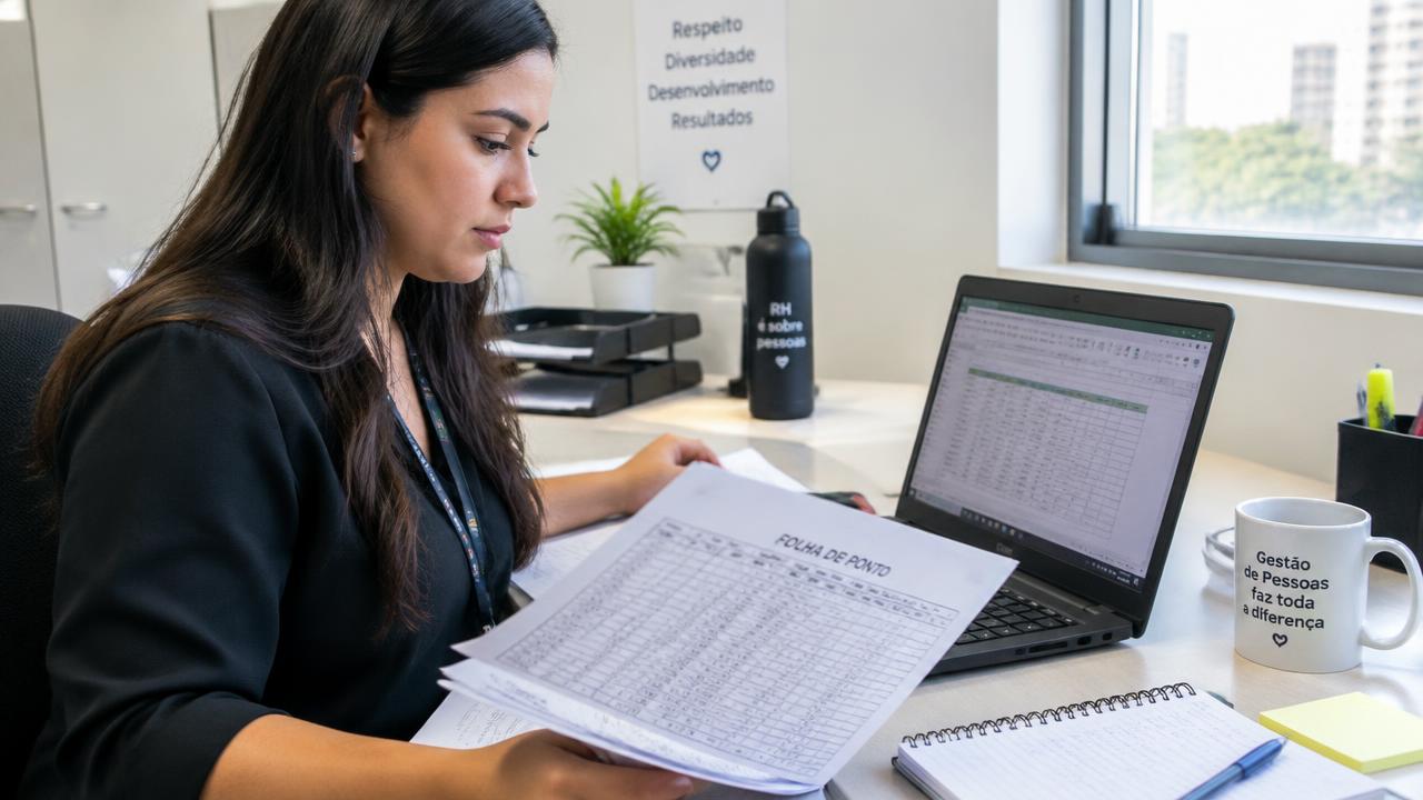 Analista de recursos humanos conferindo uma folha de ponto impressa ao lado de uma planilha aberta no notebook