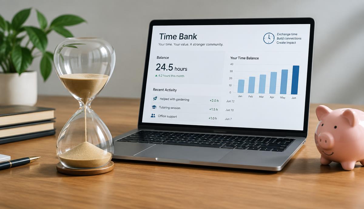 Ampulheta ao lado de um notebook com gráfico de saldo de horas e um cofrinho, representando banco de horas