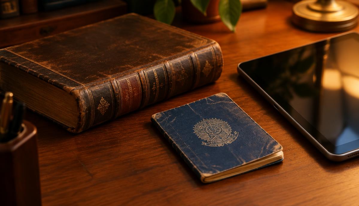 Livro antigo de capa de couro e uma carteira de trabalho antiga sobre mesa de madeira ao lado de um tablet