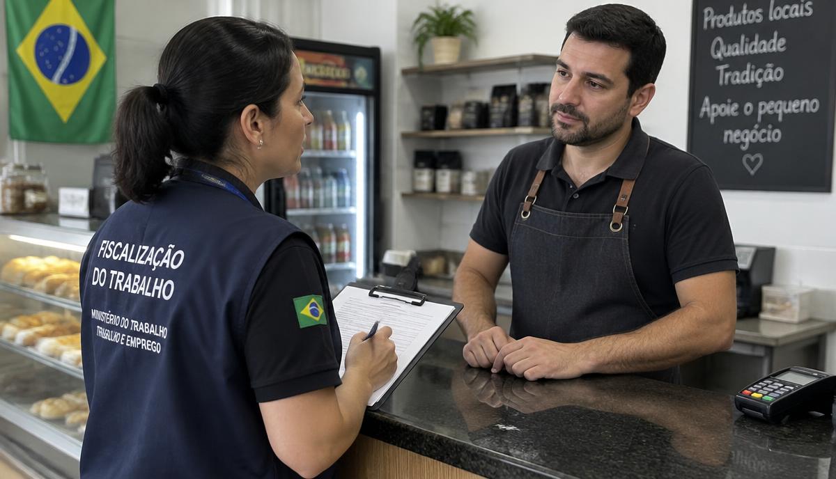 Auditora fiscal do trabalho com prancheta conversa com o dono de uma padaria no balcão