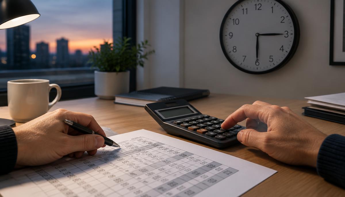 Mãos usando calculadora sobre uma tabela impressa de horas, com relógio de parede marcando o fim da tarde