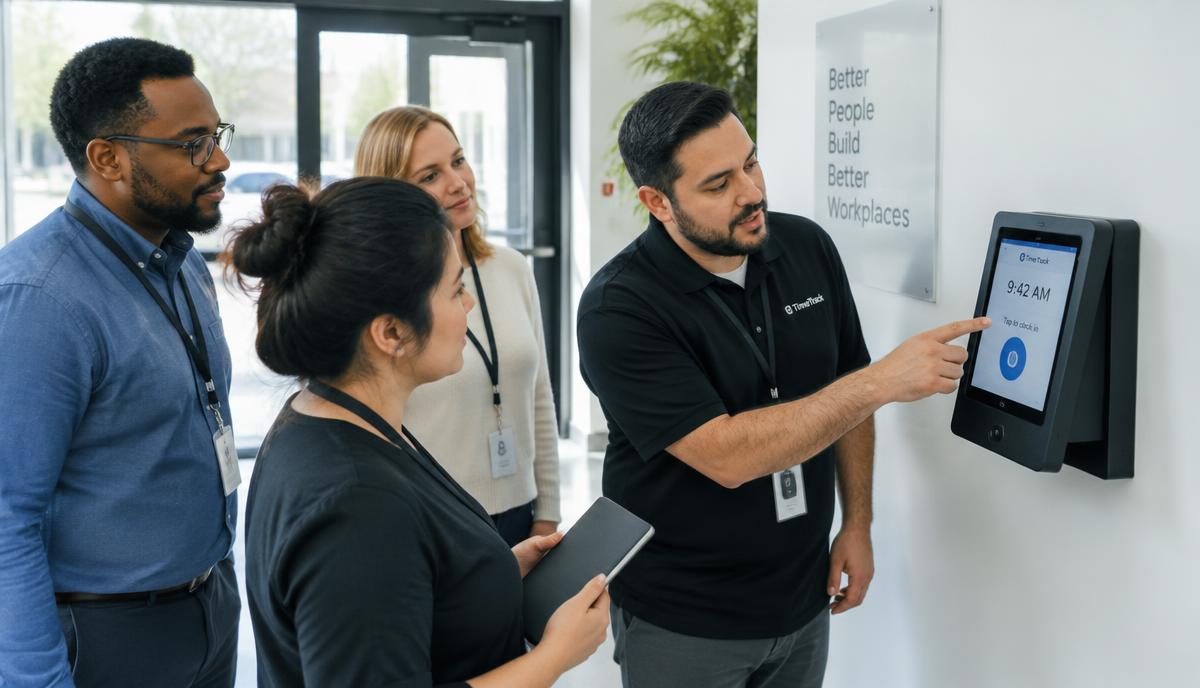 Equipe acompanha a configuração de um totem de ponto eletrônico na entrada da empresa
