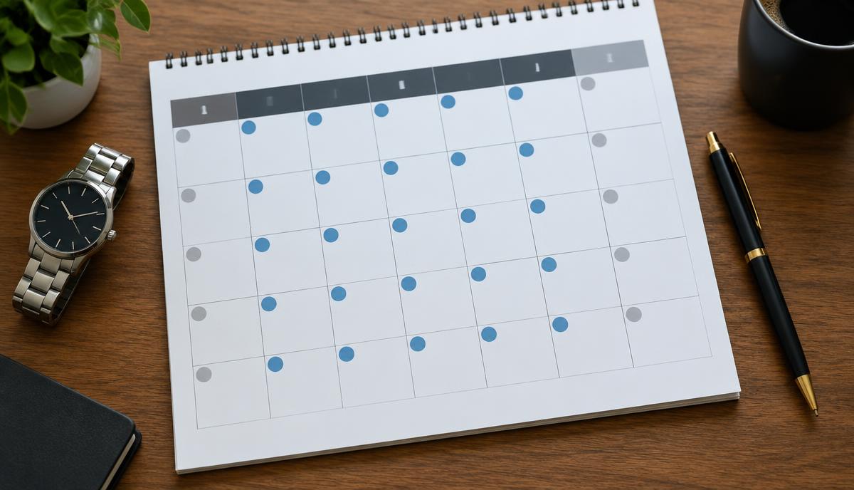 Calendário mensal sobre a mesa com dias úteis marcados, ao lado de um relógio de pulso e uma caneta