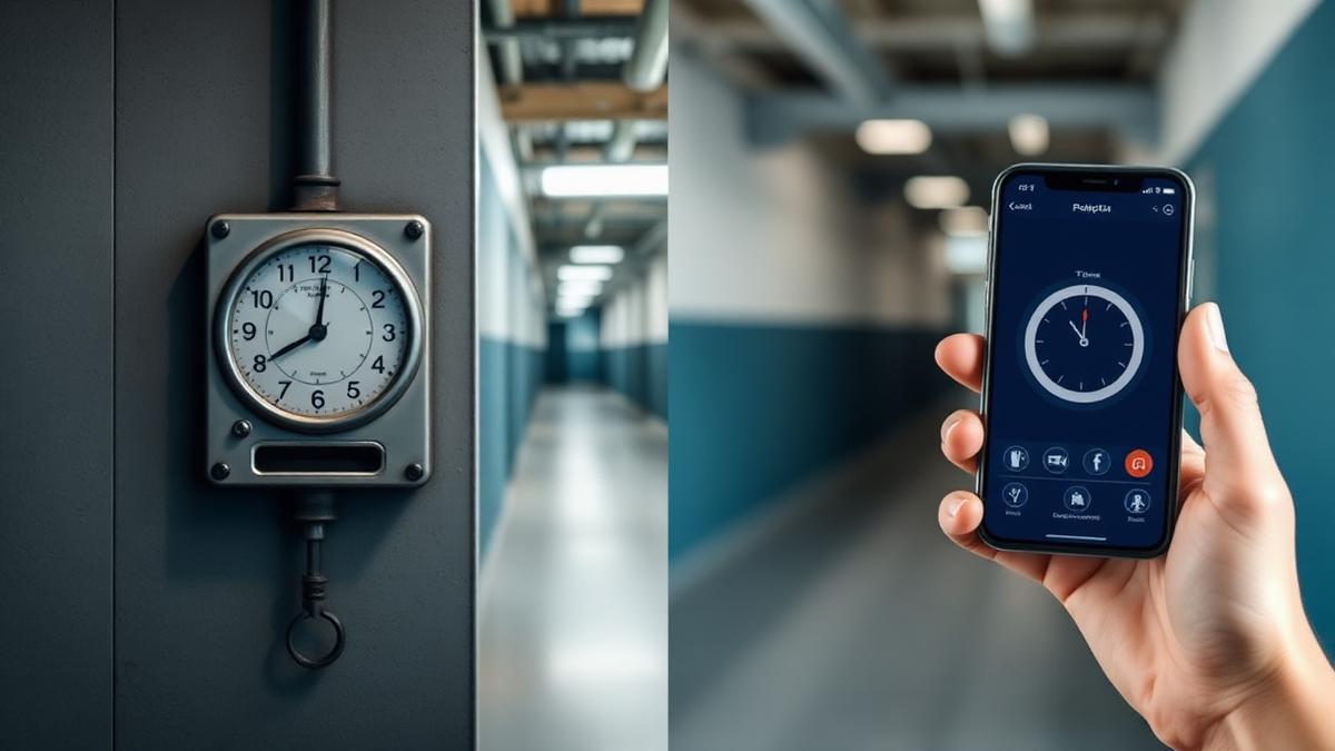 Composição dividida com relógio de ponto físico de parede à esquerda e mão segurando celular com app de ponto à direita — capa do artigo comparando relógio de ponto e app de ponto eletrônico.