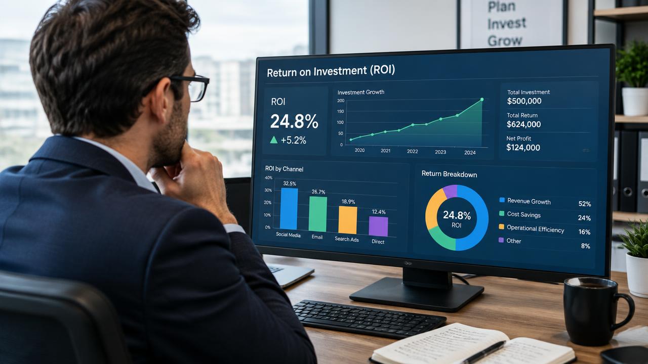 Gestor analisando gráficos de retorno sobre investimento em um monitor, em escritório corporativo