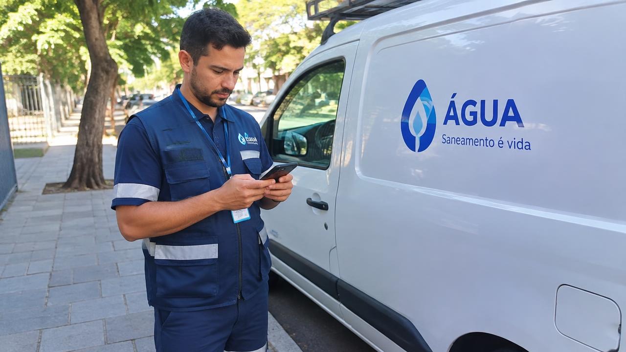 Técnico de campo com uniforme registrando o ponto pelo celular ao lado da van de serviço
