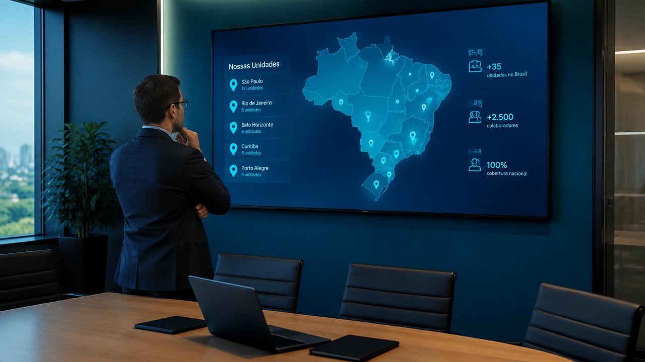 Mapa do Brasil em tela com indicadores de unidades e quadro de jornada consolidado por filial