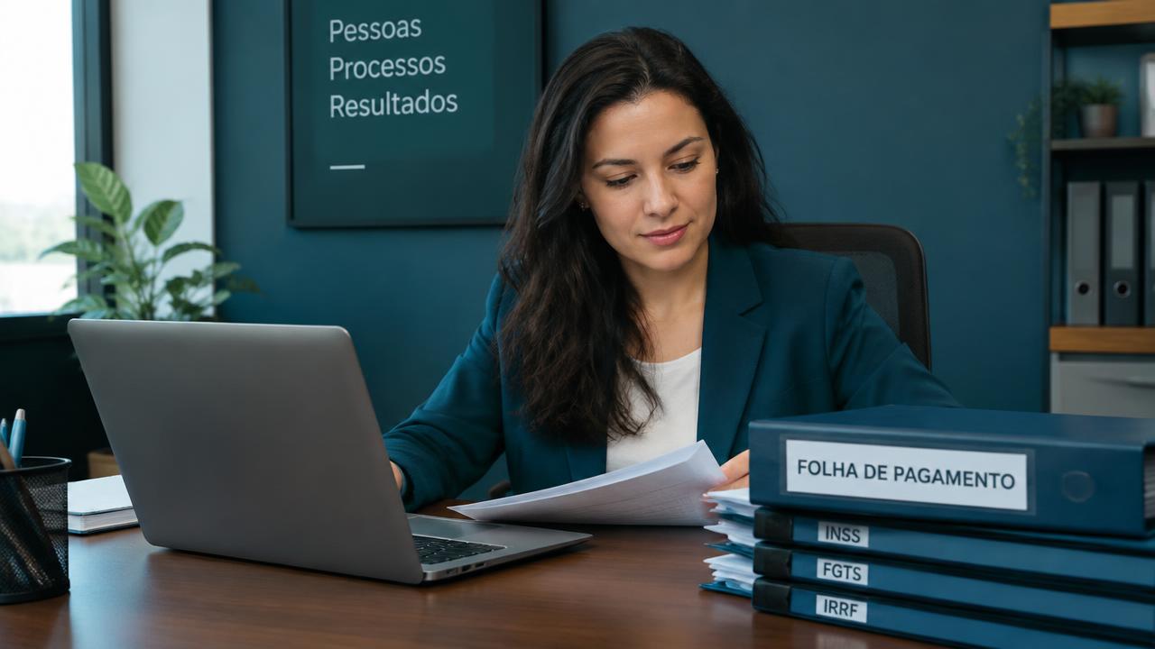 Analista de RH conferindo espelho de ponto e relatório mensal em dois monitores no escritório