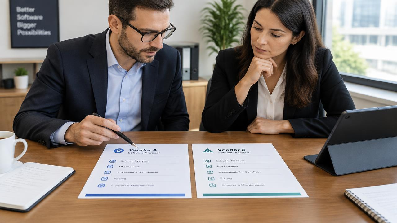 Dois profissionais comparando duas propostas de fornecedores de software sobre a mesa de reunião