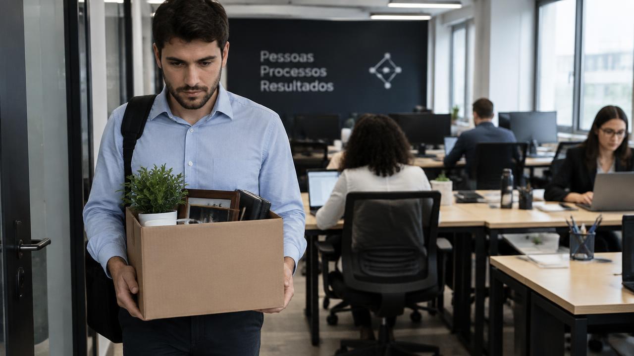 Funcionário saindo do escritório com uma caixa de pertences enquanto a equipe trabalha ao fundo