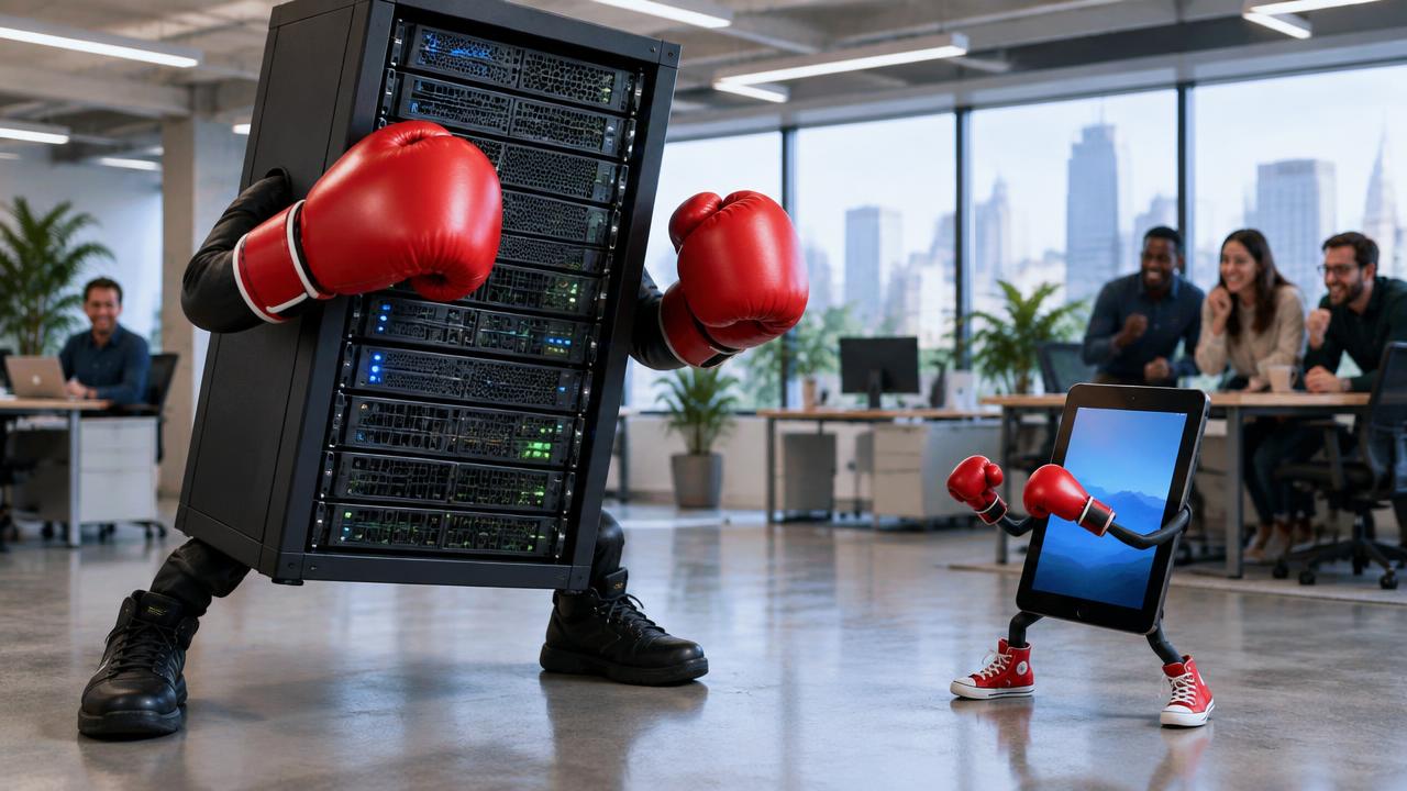 Servidor gigante com luvas de boxe enfrenta um tablet pequeno de luvas no escritório