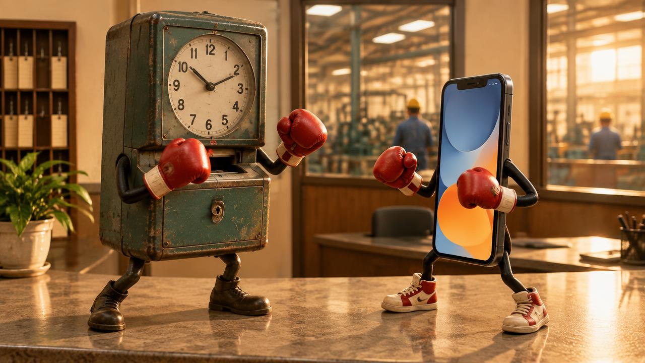 Relógio de ponto antigo e celular com luvas de boxe frente a frente na recepção de uma fábrica