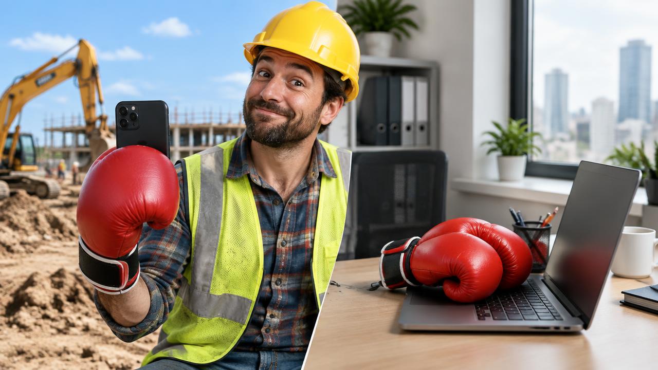 Operário de obra com luva de boxe segurando celular ao lado de notebook de escritório com luvas sobre o teclado
