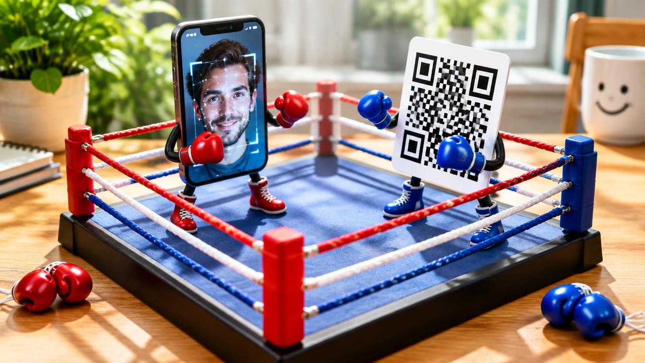Mini ringue de boxe com celular de reconhecimento facial contra um cartão de QR Code