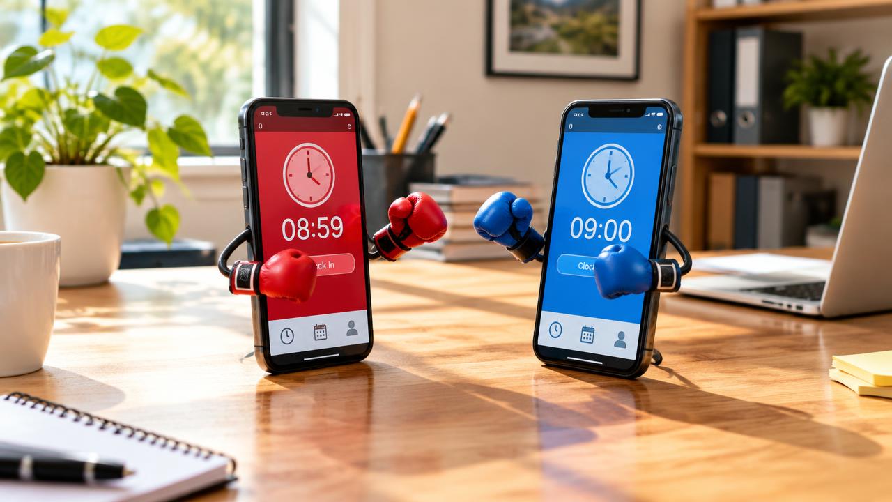 Dois celulares com luvas de boxe, um vermelho e um azul, se enfrentando sobre a mesa de um escritório
