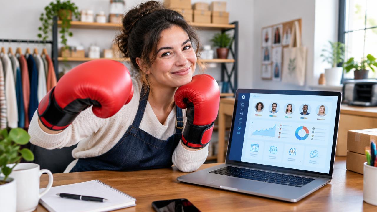 Empreendedora de luvas de boxe sorri ao lado de notebook com painel de RH