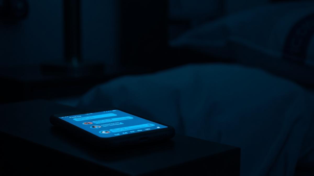 Celular iluminado com mensagens de trabalho sobre criado-mudo em quarto escuro durante a madrugada — imagem de capa do artigo sobre sobreaviso e jornada fora do horário.